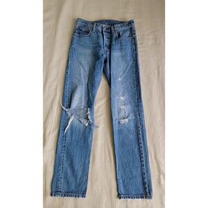 Levis 501 Jeans Womens 30x31 Light Blue Button Fly Distressed Blown High Rise